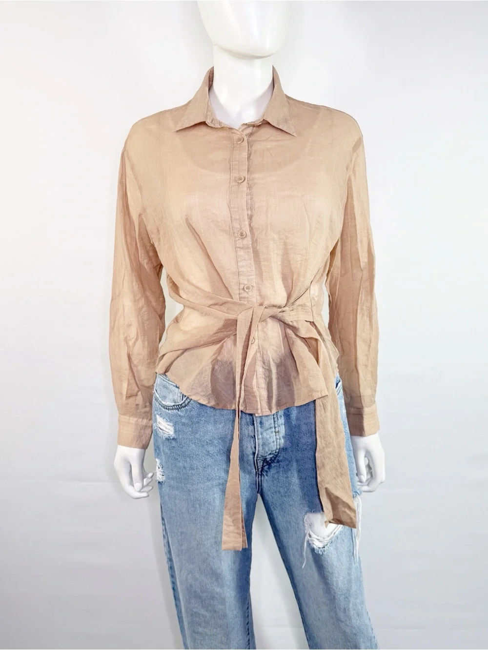 Oak + Fort Brown Button Down Tie Waist Shirt Size XS Business Casual Preppy